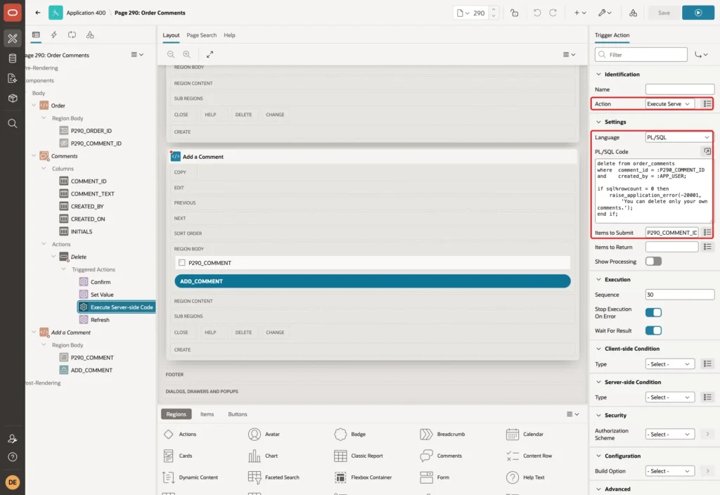Page Designer showing the triggered action Execute Server-side Code with the delete statement and Items to Submit P290_COMMENT_ID marked with red boxes