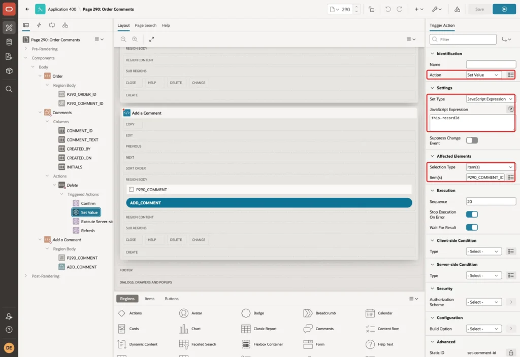 Page Designer showing the triggered action Set Value with Set Type JavaScript Expression, this.recordId and Item P290_COMMENT_ID marked with red boxes