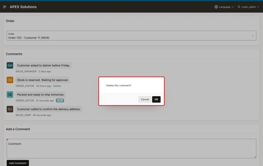 Confirmation dialog Delete this comment? with Cancel and OK buttons marked with a red box