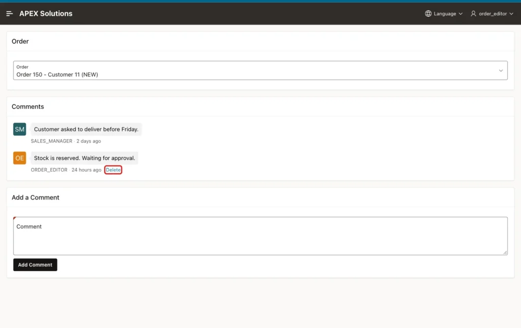 Order Comments page for order 150 with two comments and the Delete link of the ORDER_EDITOR comment marked with a red box