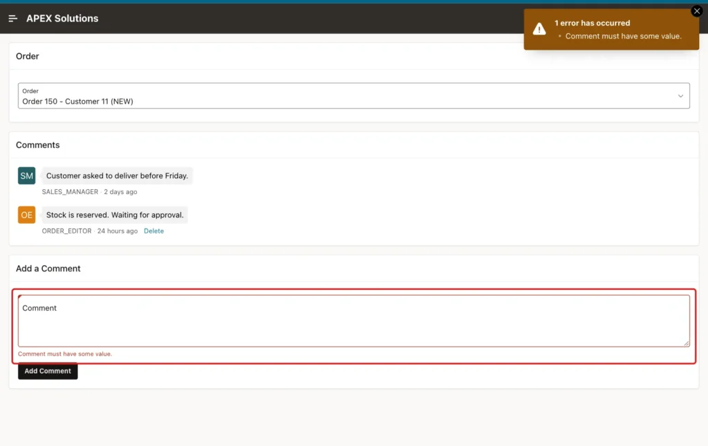 Error Comment must have some value. under the Comment field marked with a red box