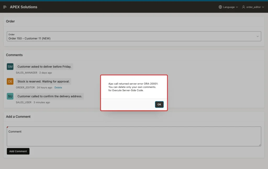 Error dialog Ajax call returned server error ORA-20001: You can delete only your own comments. marked with a red box