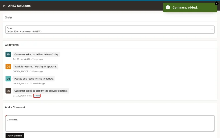 Thread of order 150 as SALES_USER with four comments and a Delete link only on the SALES_USER comment, marked with a red box