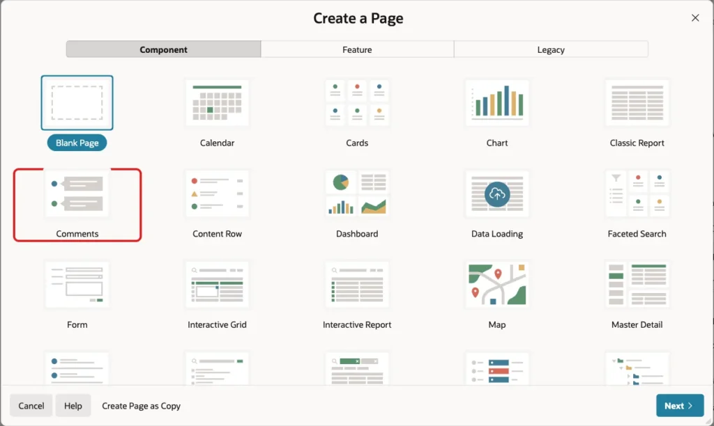 Create a Page wizard with the Comments tile marked with a red box