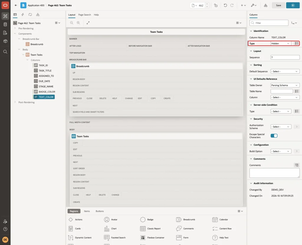 Classic report column TEXT_COLOR with Type Hidden marked with a red box