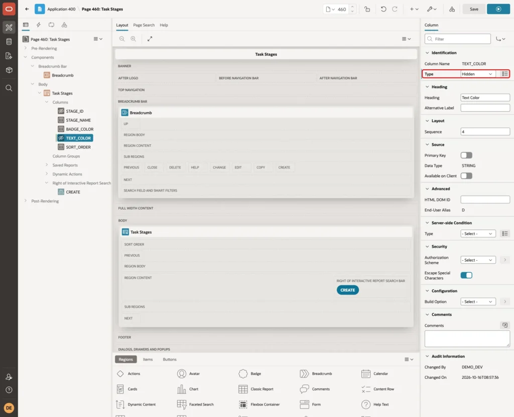 Page Designer with the interactive report column TEXT_COLOR set to Hidden