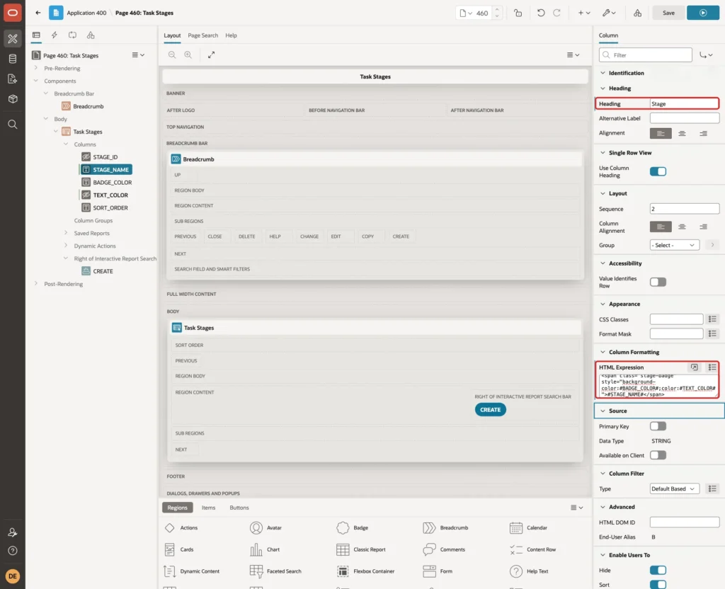 STAGE_NAME column with the Heading Stage and the HTML Expression marked with red boxes