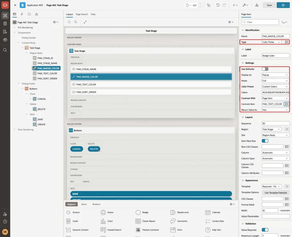 Page Designer with P461_BADGE_COLOR set to Color Picker and its Settings marked with red boxes