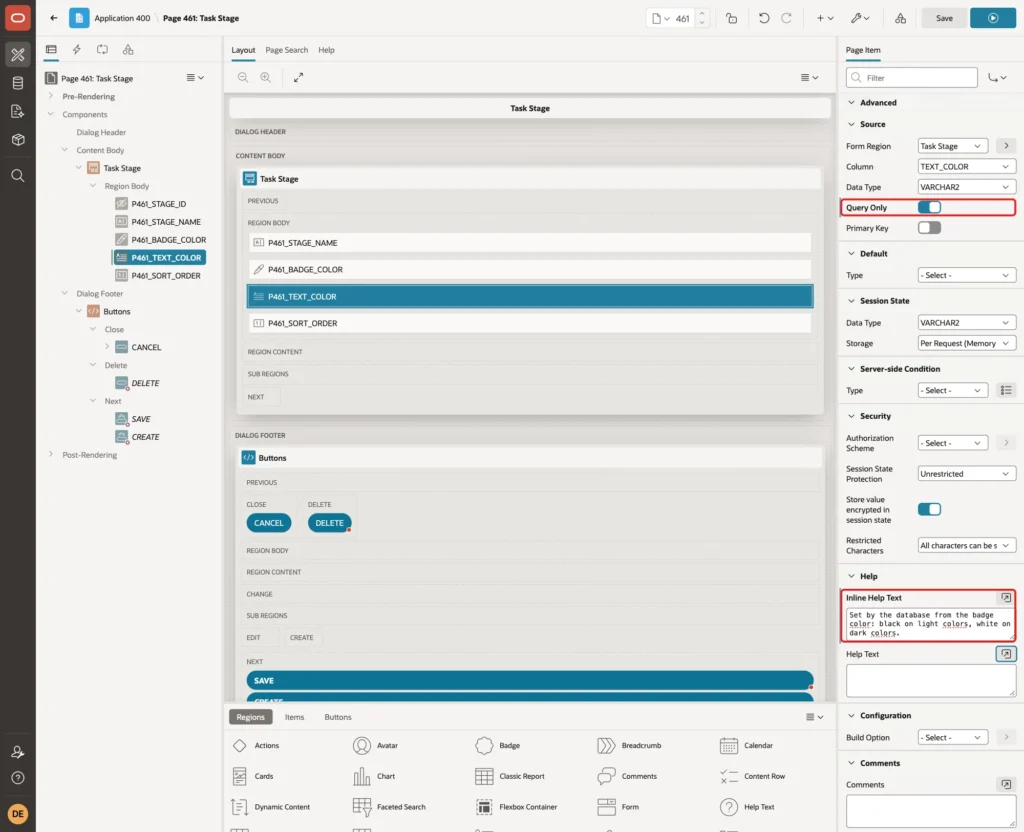 Source and Help properties of P461_TEXT_COLOR with Query Only and Inline Help Text marked with red boxes