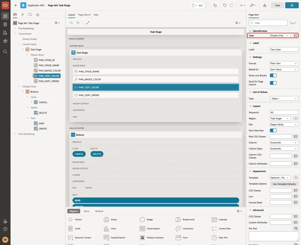 Page Designer with P461_TEXT_COLOR set to Display Only and the Type marked with a red box