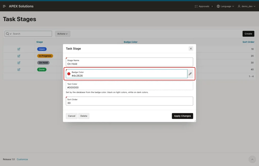 Task Stage dialog with Badge Color dc2626 marked with a red box and Text Color still 000000