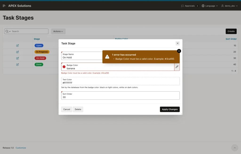 Task Stage dialog after a forced submit with the server error Badge Color must be a valid color