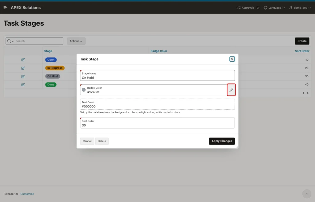 Task Stage dialog for On Hold with the color picker button marked with a red box