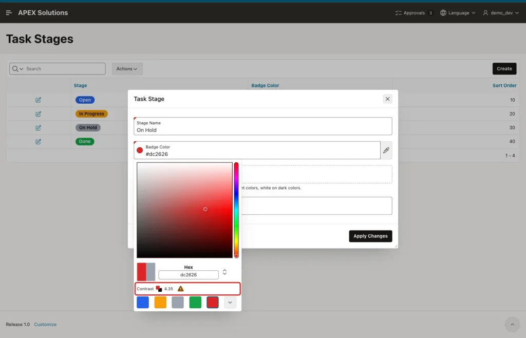 Color picker popup with the value dc2626 and the contrast 4.35 with a warning sign marked with a red box