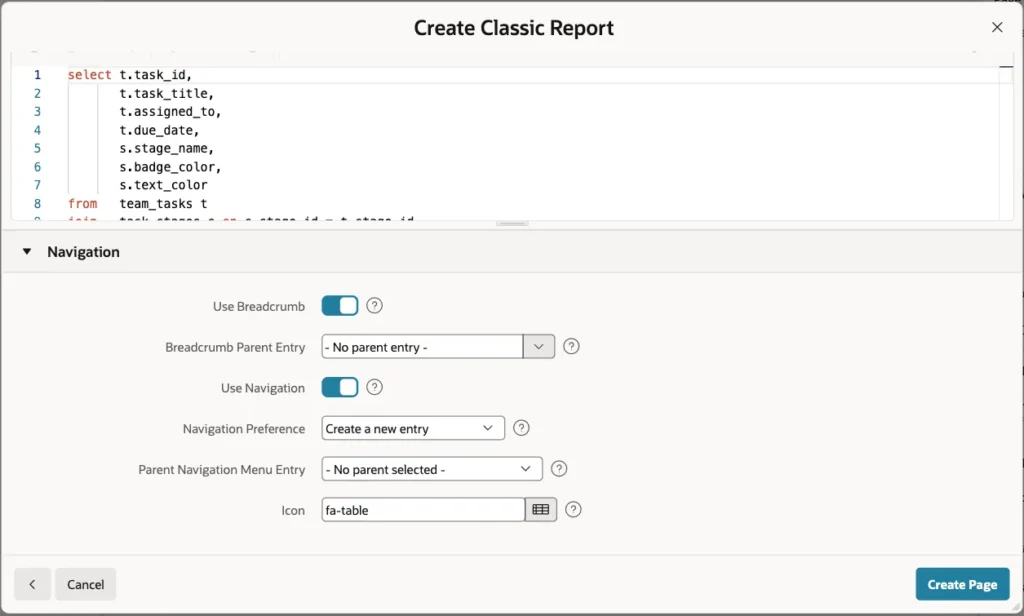 Navigation section of the Classic Report wizard with the Create Page button