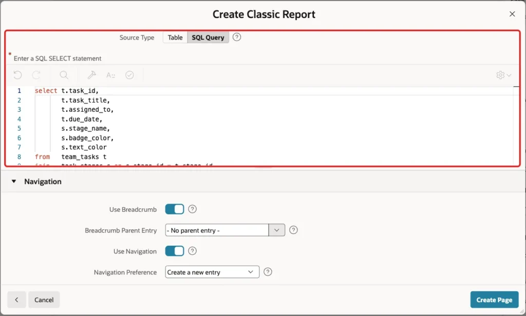 Classic Report wizard with Source Type SQL Query and the query marked with a red box