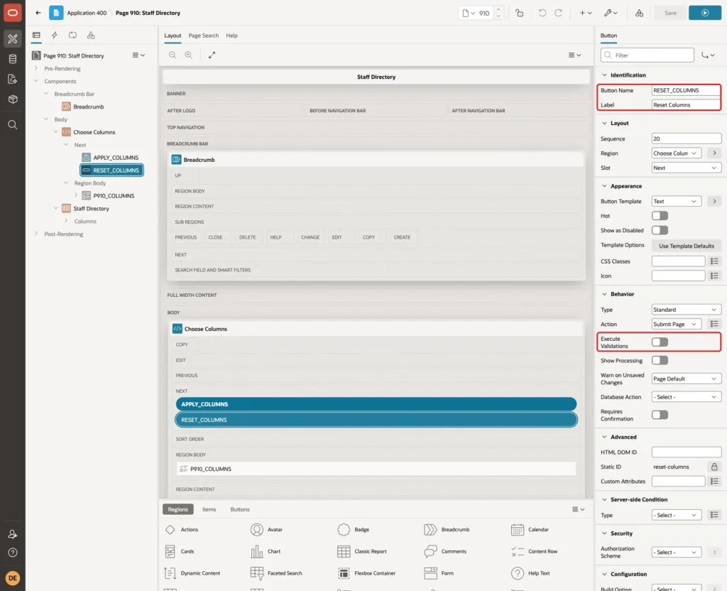 Button RESET_COLUMNS with Button Name, Label and Execute Validations off marked with red boxes