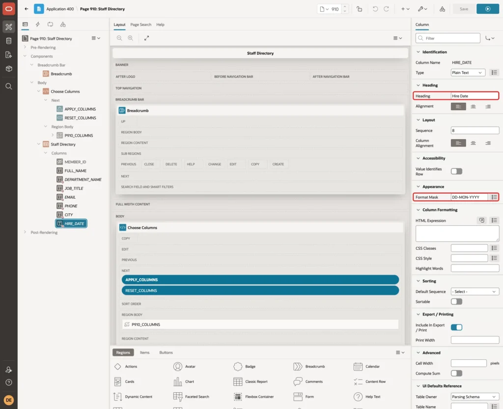 Column HIRE_DATE with Heading Hire Date and Format Mask DD-MON-YYYY marked with red boxes