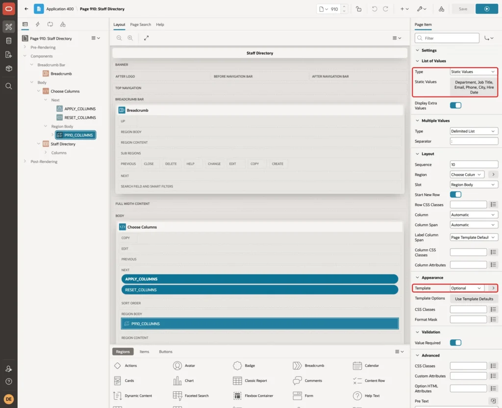 List of Values Type Static Values and Appearance Template Optional marked with red boxes