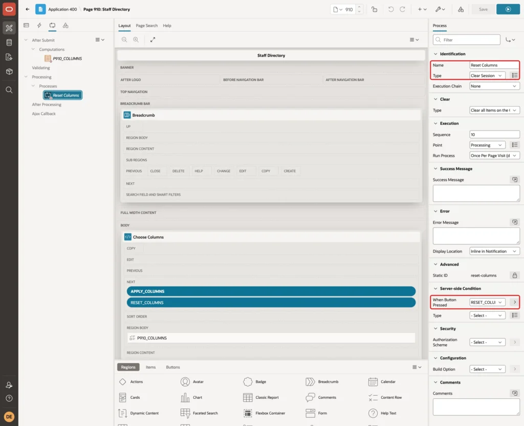 Process Reset Columns with Name, Type Clear Session State and When Button Pressed RESET_COLUMNS marked with red boxes