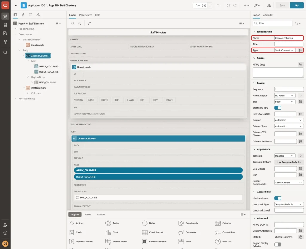 Region Choose Columns with Name and Type Static Content marked with red boxes