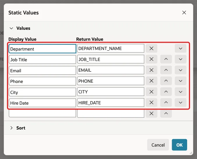 Static Values dialog with six rows from Department DEPARTMENT_NAME to Hire Date HIRE_DATE marked with a red box