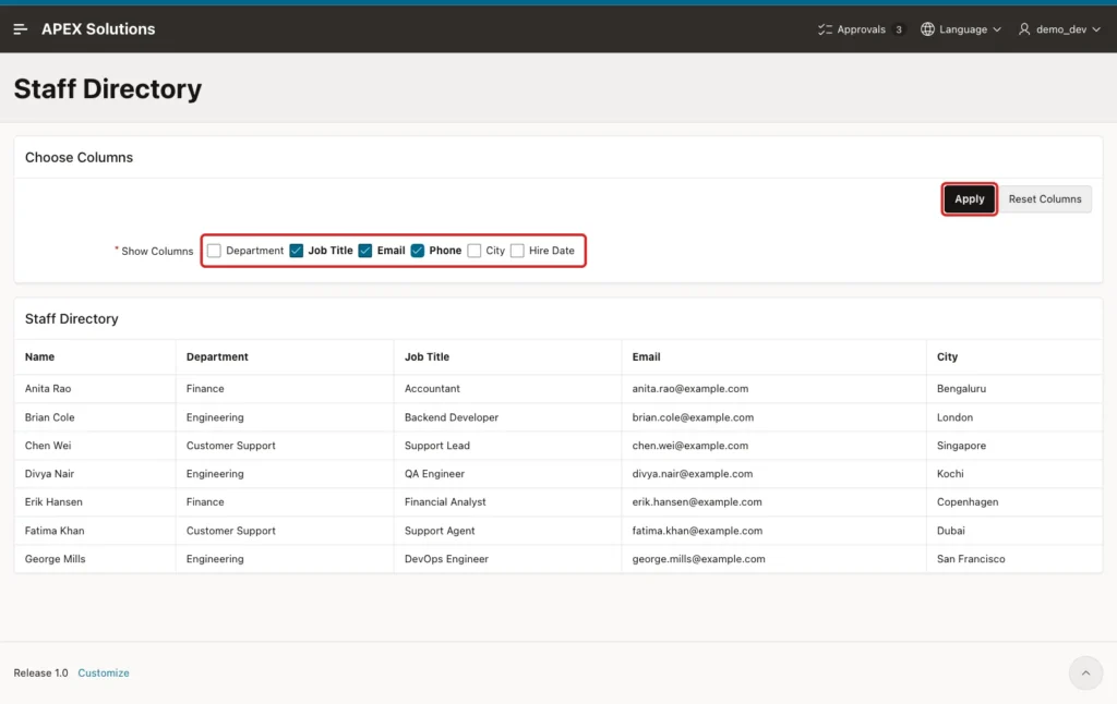 Show Columns checkbox group with Job Title, Email and Phone ticked and the Apply button marked with red boxes