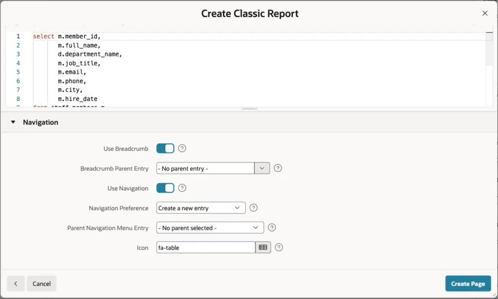 Navigation section with Use Breadcrumb and Use Navigation switched on and the Create Page button
