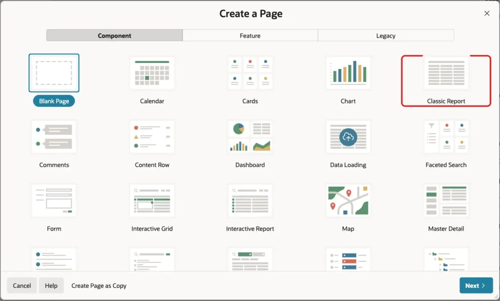 Create a Page wizard with the Classic Report tile marked with a red box