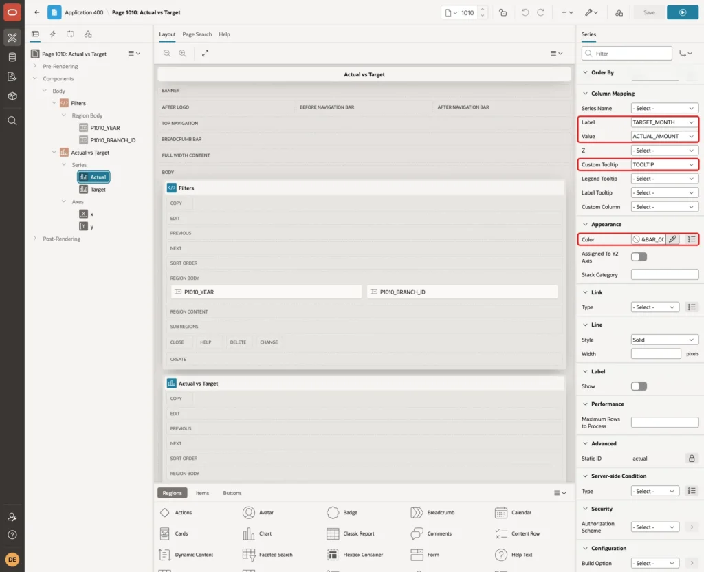 Column Mapping of the Actual series with Label TARGET_MONTH, Value ACTUAL_AMOUNT, Custom Tooltip TOOLTIP and Appearance Color &BAR_COLOR. marked with red boxes