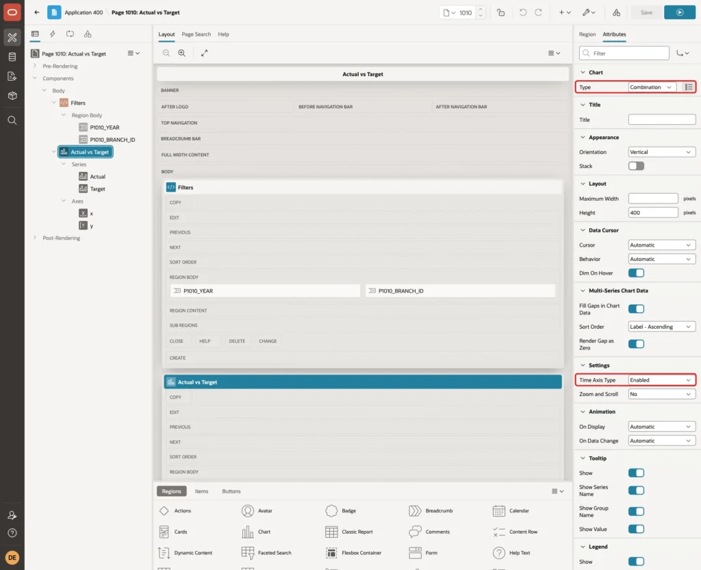 Attributes tab of the chart region with Chart Type Combination and Time Axis Type Enabled marked with red boxes