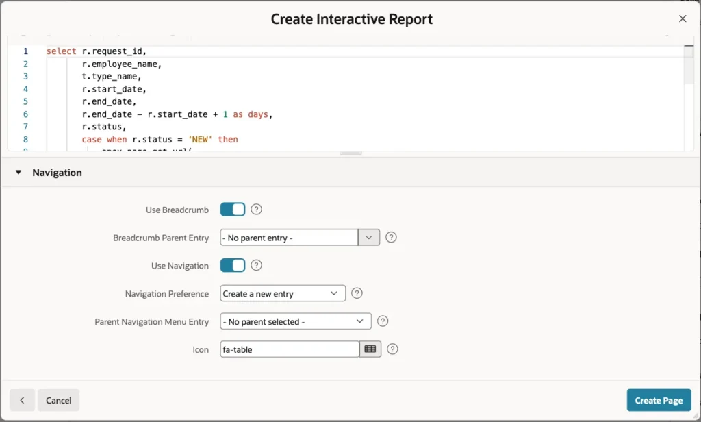 Navigation section of the Create Interactive Report wizard with the Create Page button