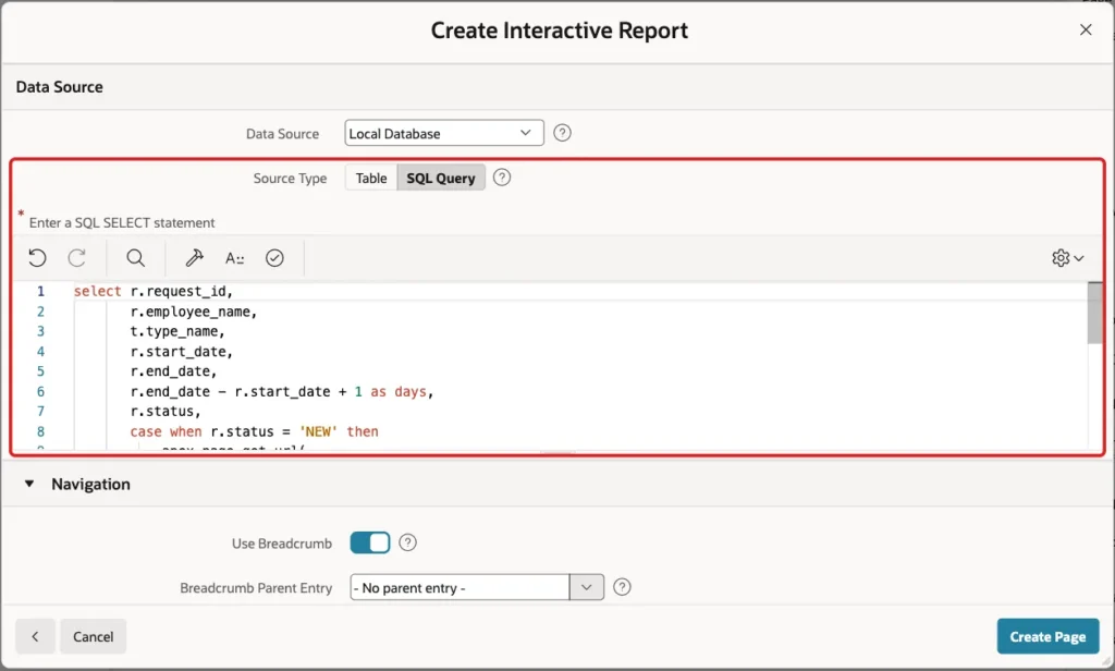 Data Source section with Source Type SQL Query and the report query marked with a red box
