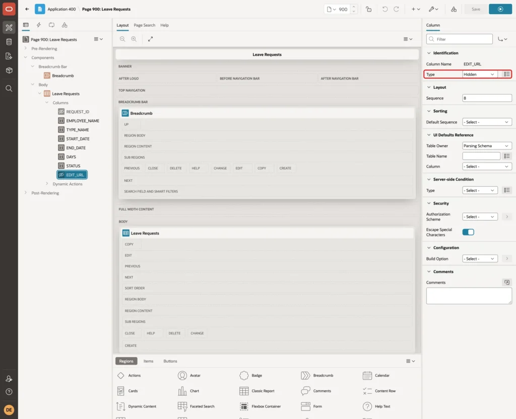 Column EDIT_URL with Type Hidden marked with a red box