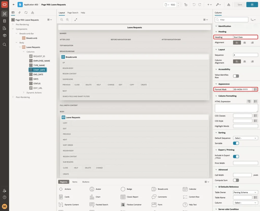 Column START_DATE with Heading Start Date and Format Mask DD-MON-YYYY marked with red boxes