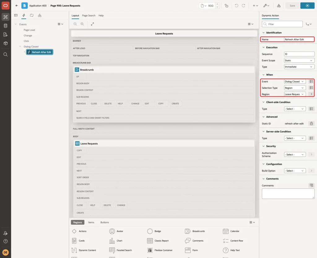 Dynamic action Refresh After Edit with Event Dialog Closed, Selection Type Region and Region Leave Requests marked with red boxes