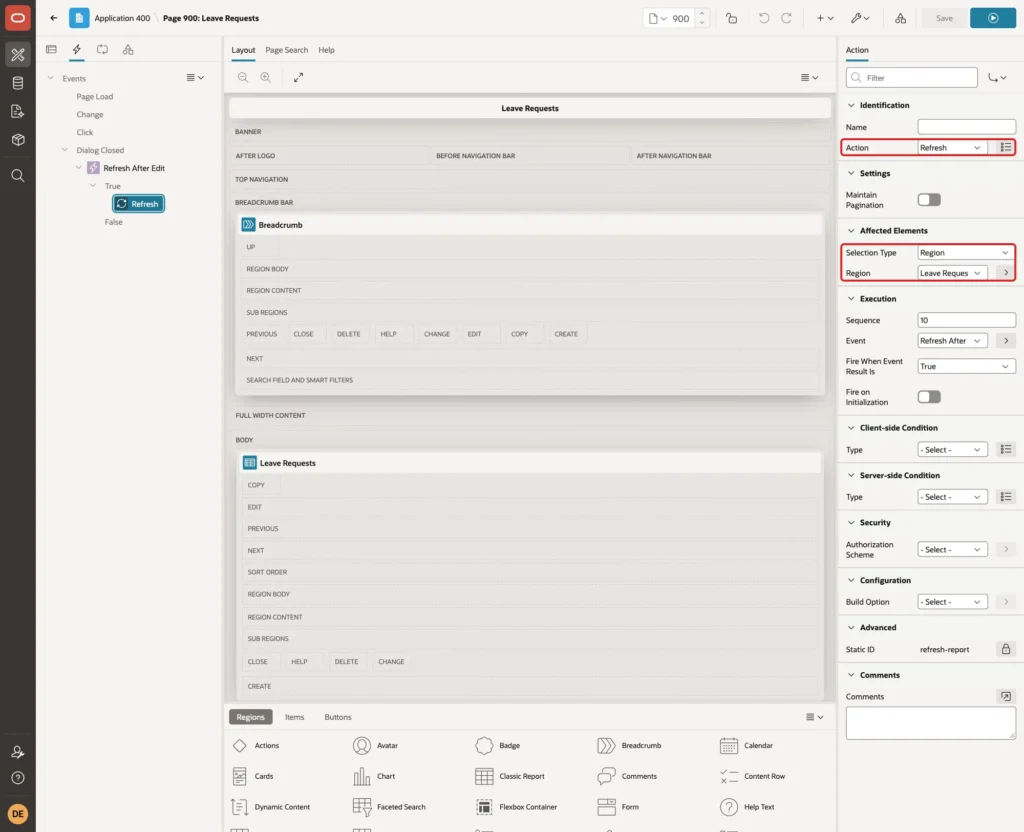 True action with Action Refresh and Affected Elements Region Leave Requests marked with red boxes