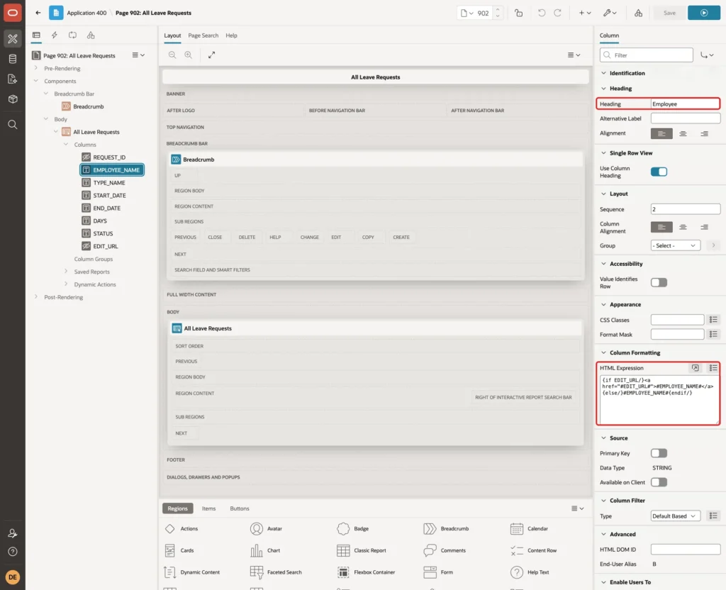Interactive report column EMPLOYEE_NAME with Heading Employee and the HTML Expression marked with red boxes