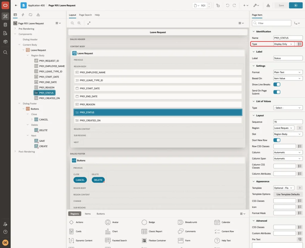 Page item P901_STATUS with Type Display Only marked with a red box