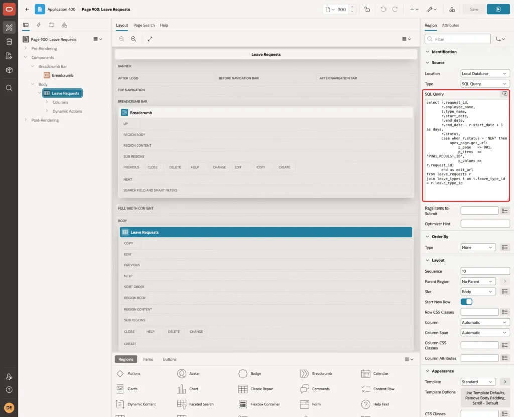 Classic report region Leave Requests with the SQL Query property marked with a red box