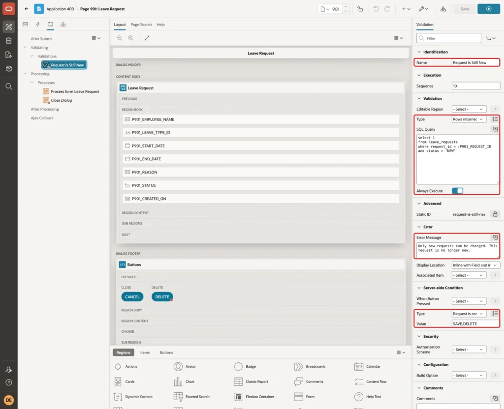 Validation Request Is Still New with Name, Type Rows returned, SQL Query, Always Execute, Error Message and Server-side Condition marked with red boxes