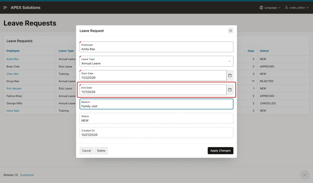 Leave Request dialog for Anita Rao with End Date 11/7/2026 marked with a red box