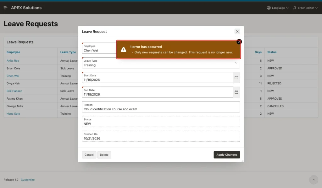 Leave Request dialog showing the error Only new requests can be changed, marked with a red box