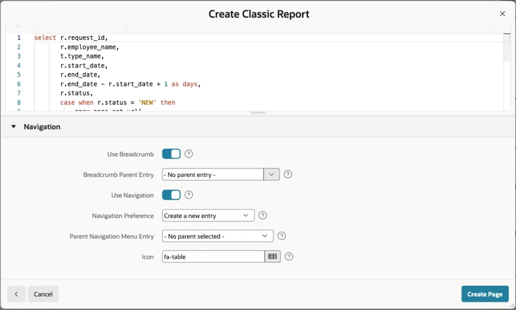 Navigation section with Use Breadcrumb and Use Navigation switched on and the Create Page button