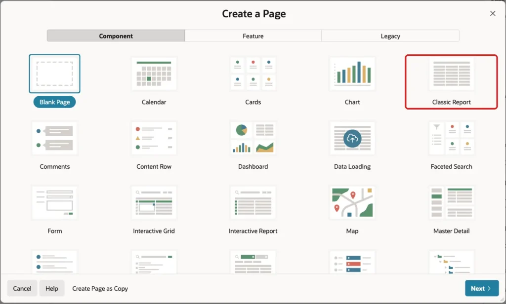 Create a Page wizard with the Classic Report tile marked with a red box