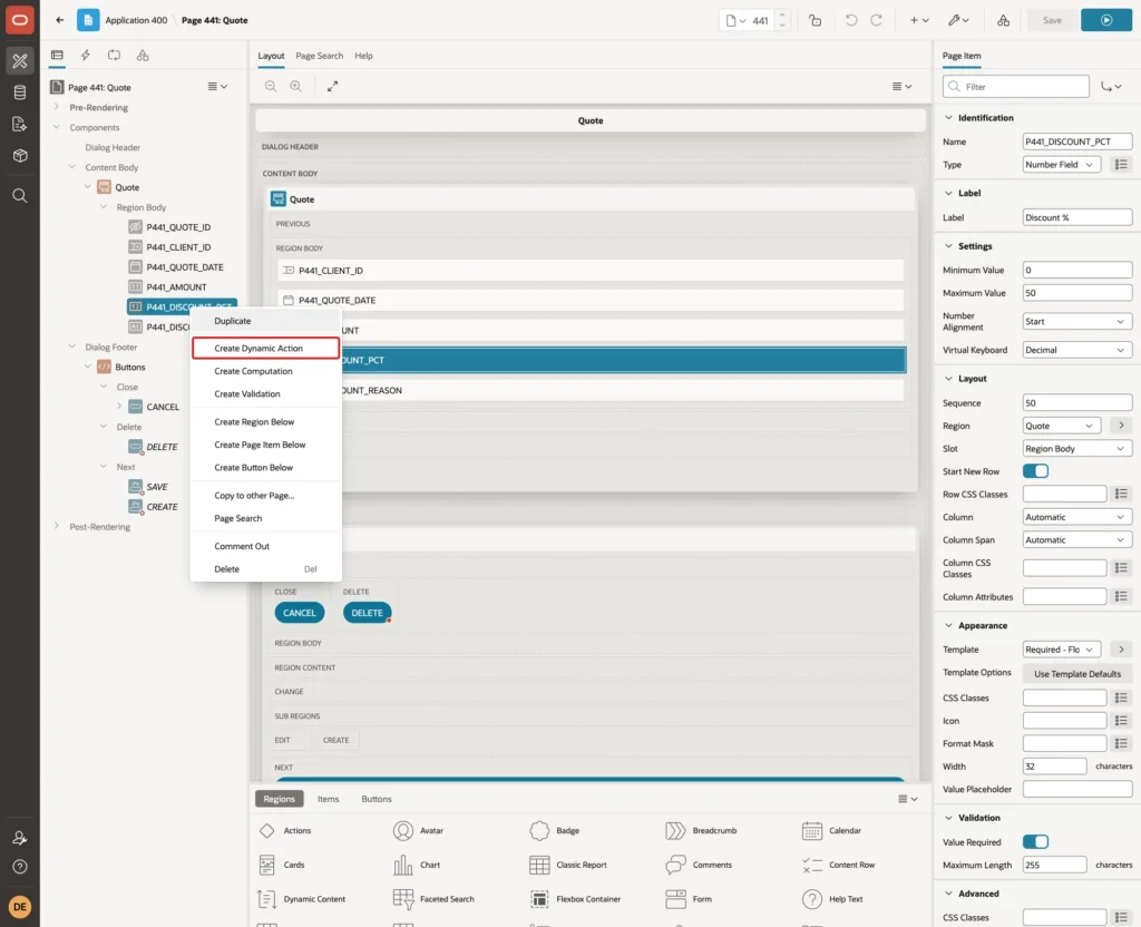 Context menu of P441_DISCOUNT_PCT with Create Dynamic Action marked with a red box