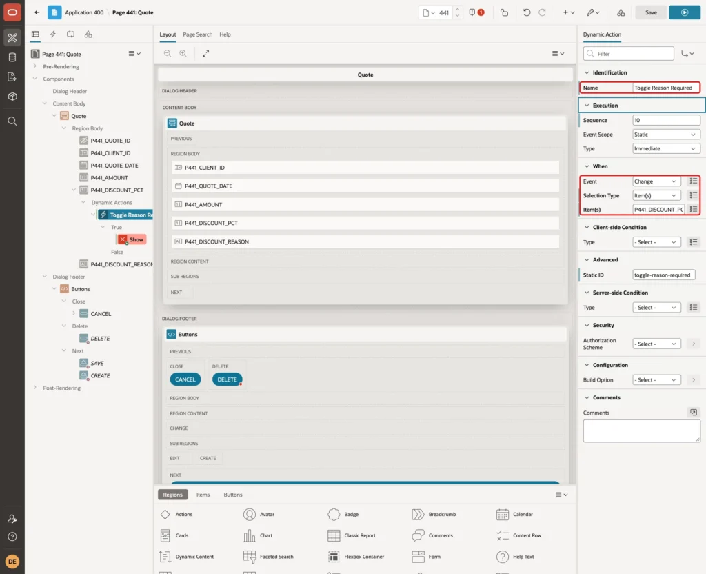 Dynamic action Toggle Reason Required with Name, Event Change, Selection Type and Item(s) marked with red boxes