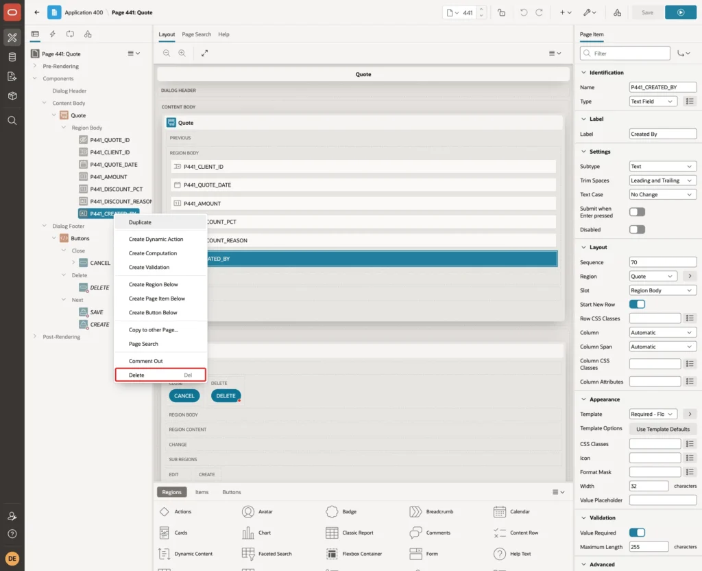 Page Designer context menu of P441_CREATED_BY with Delete marked with a red box