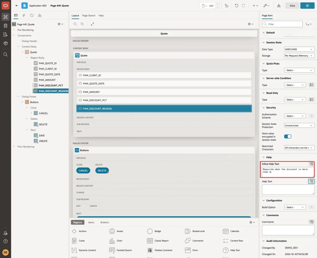 Help group of P441_DISCOUNT_REASON with Inline Help Text marked with a red box