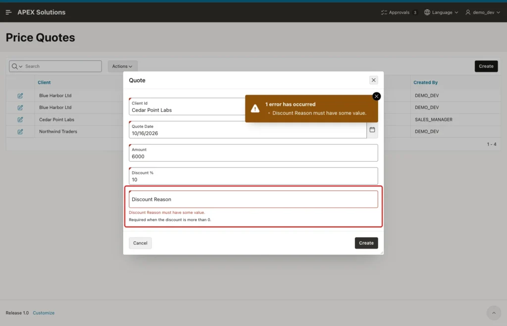 Quote dialog with the error Discount Reason must have some value. below the field and in the notification, marked with a red box